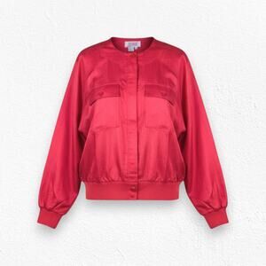 80s Vintage Bright Cherry Red Hidden Button Crewneck Bomber Jacket Size 2X